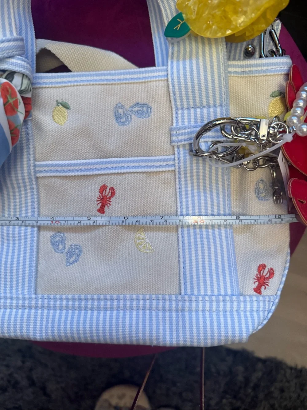 Madden Girl Cream Canvas Tote with Light Blue Striped Handles - Picture 12 of 14